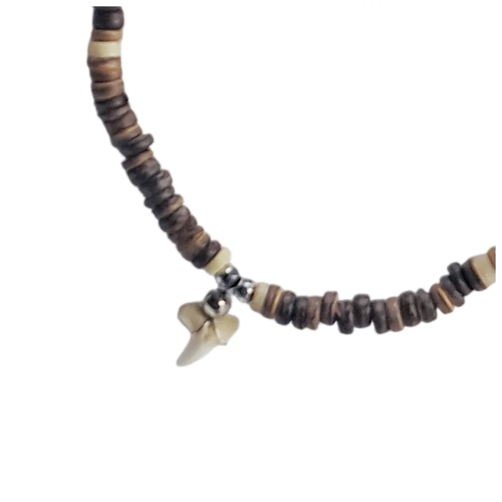 Shark Tooth Pendant Necklace with Wooden Disc Beads – 20.5